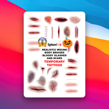 Lot de 33 tatouages éphémères – Blessures réalistes et cicatrices pour Halloween