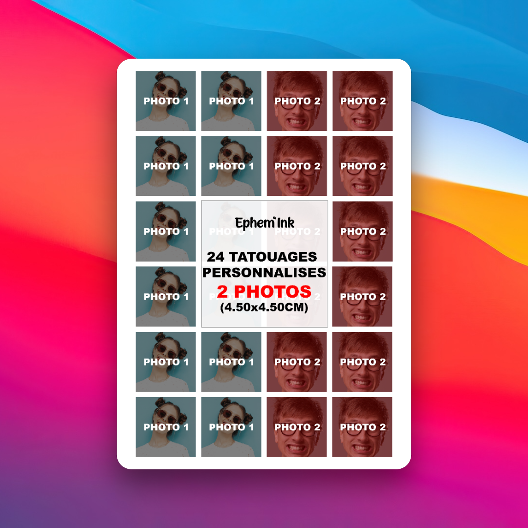 Tatouages Éphémères Personnalisés à Partir de 2 Photos (Lot de 24)