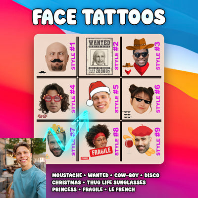 Lot de 24 Tatouages Temporaires Personnalisés - Votre Visage et Accessoires à partir de Photo - 9 Styles au Choix - Tatouages Éphémères